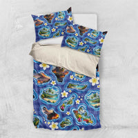 Hawaiian Island Shapes-Iconic Landscape Bedding Set with Plumeria and Palaka Blue Color