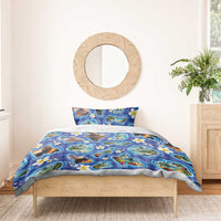 Hawaiian Island Shapes-Iconic Landscape Bedding Set with Plumeria and Palaka Blue Color