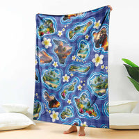 Hawaiian Island Shapes-Iconic Landscape Blanket with Plumeria and Palaka Blue Color