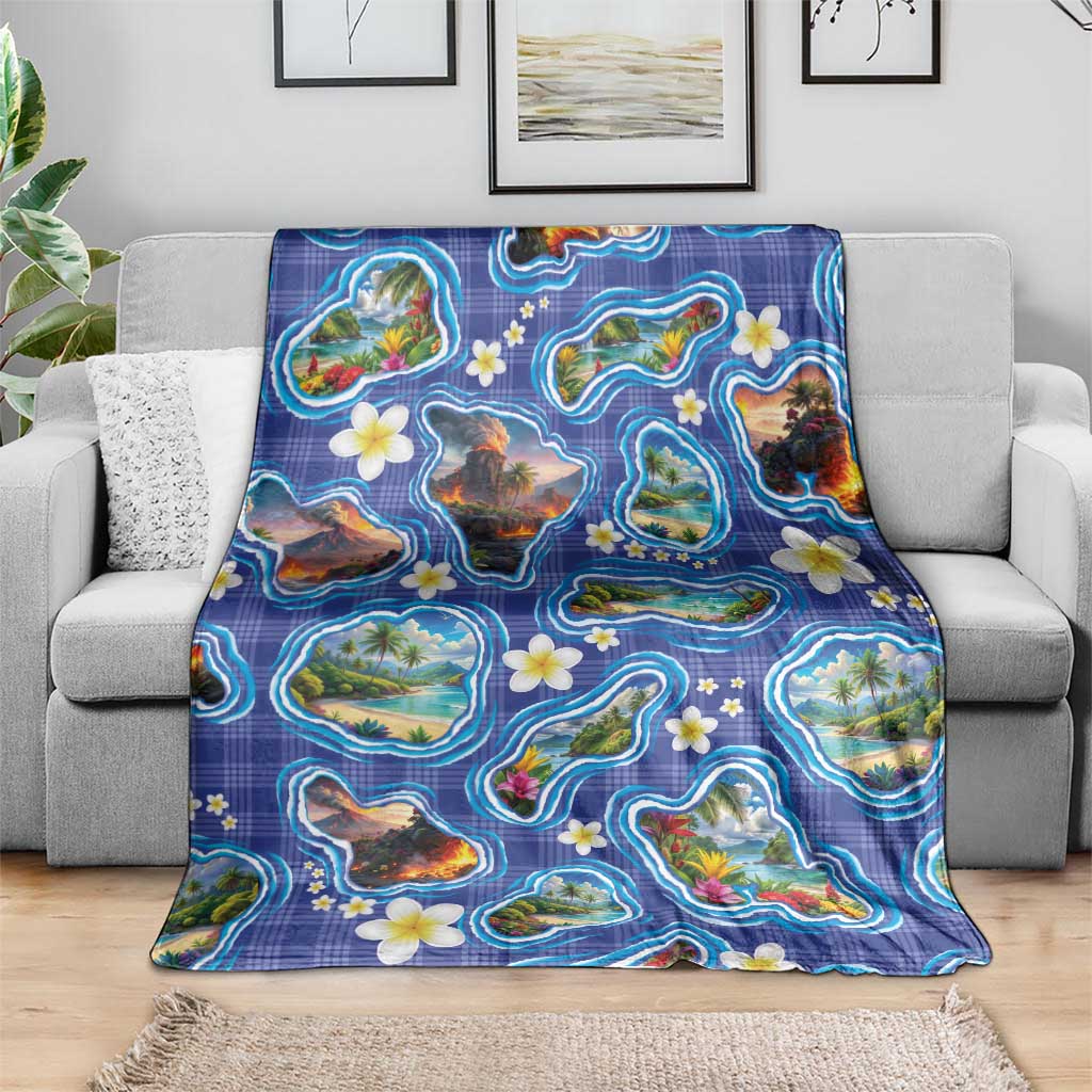 Hawaiian Island Shapes-Iconic Landscape Blanket with Plumeria and Palaka Blue Color