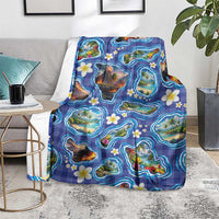 Hawaiian Island Shapes-Iconic Landscape Blanket with Plumeria and Palaka Blue Color