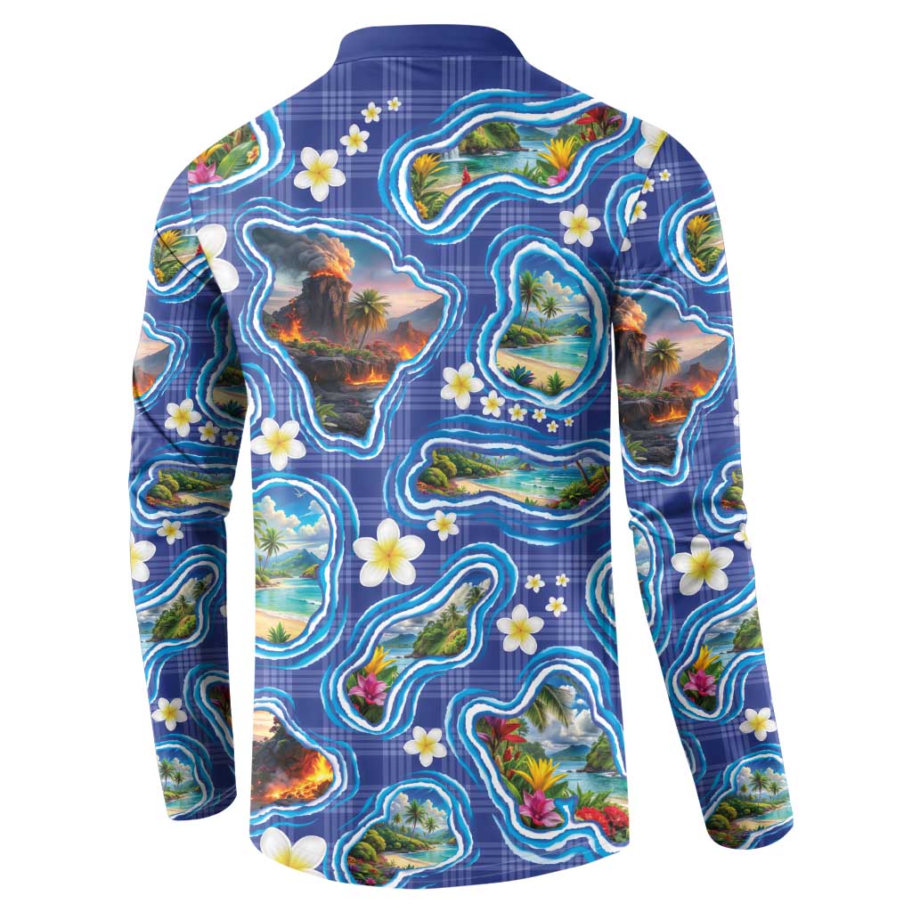 Hawaiian Island Shapes-Iconic Landscape Button Sweatshirt with Plumeria and Palaka Blue Color