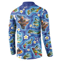 Hawaiian Island Shapes-Iconic Landscape Button Sweatshirt with Plumeria and Palaka Blue Color