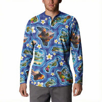Hawaiian Island Shapes-Iconic Landscape Button Sweatshirt with Plumeria and Palaka Blue Color