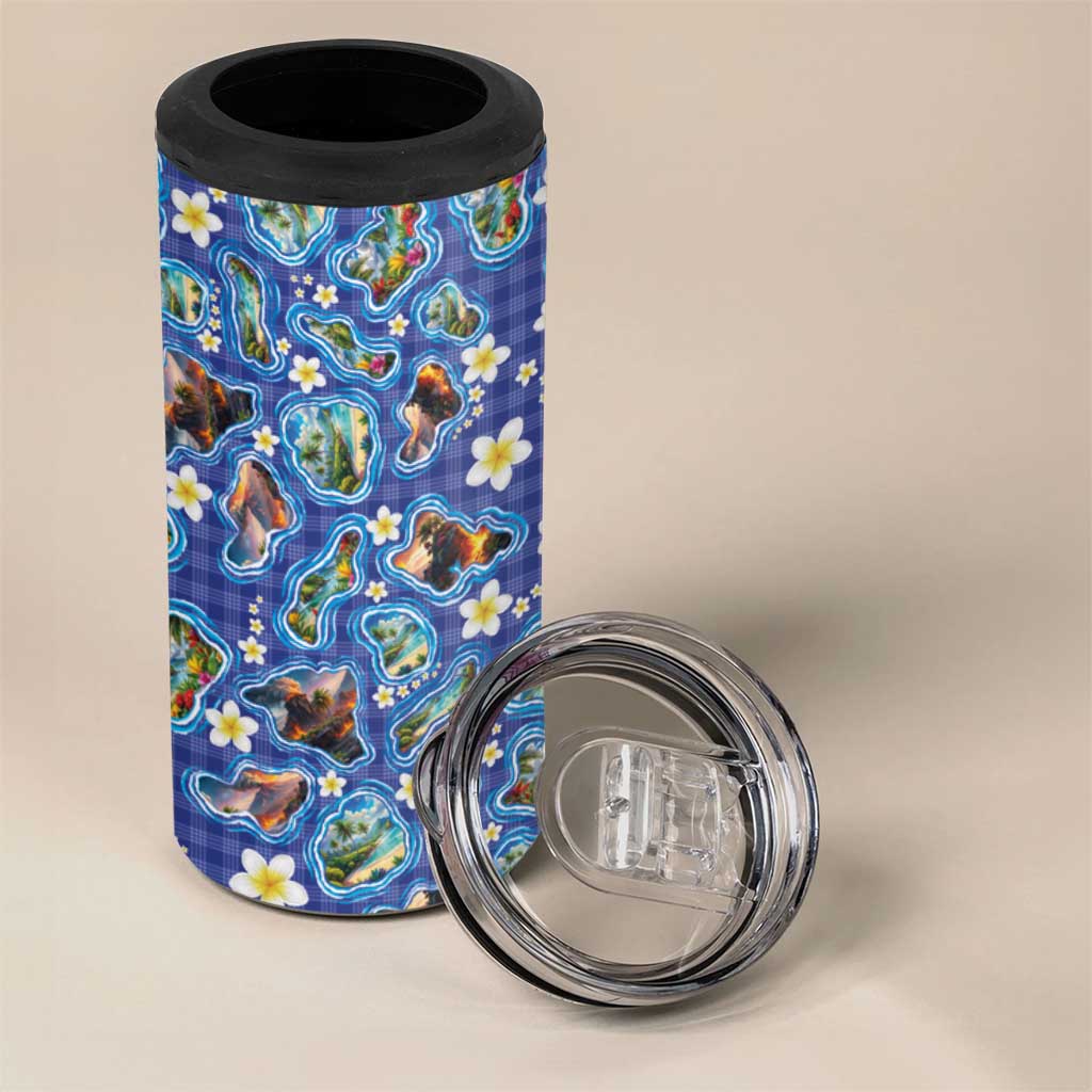 Hawaiian Island Shapes-Iconic Landscape 4 in 1 Can Cooler Tumbler with Plumeria and Palaka Blue Color LT03 - Polynesian Pride