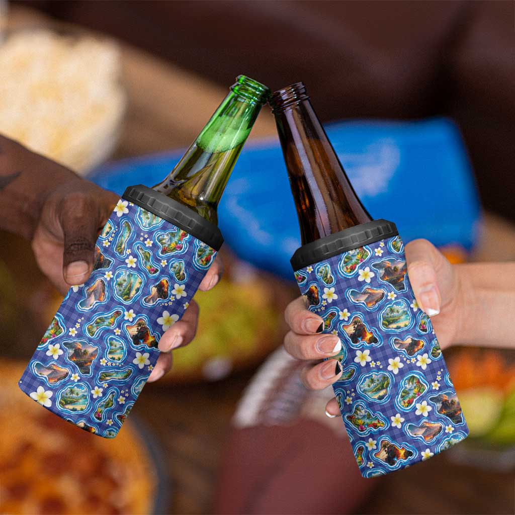 Hawaiian Island Shapes-Iconic Landscape 4 in 1 Can Cooler Tumbler with Plumeria and Palaka Blue Color LT03 - Polynesian Pride