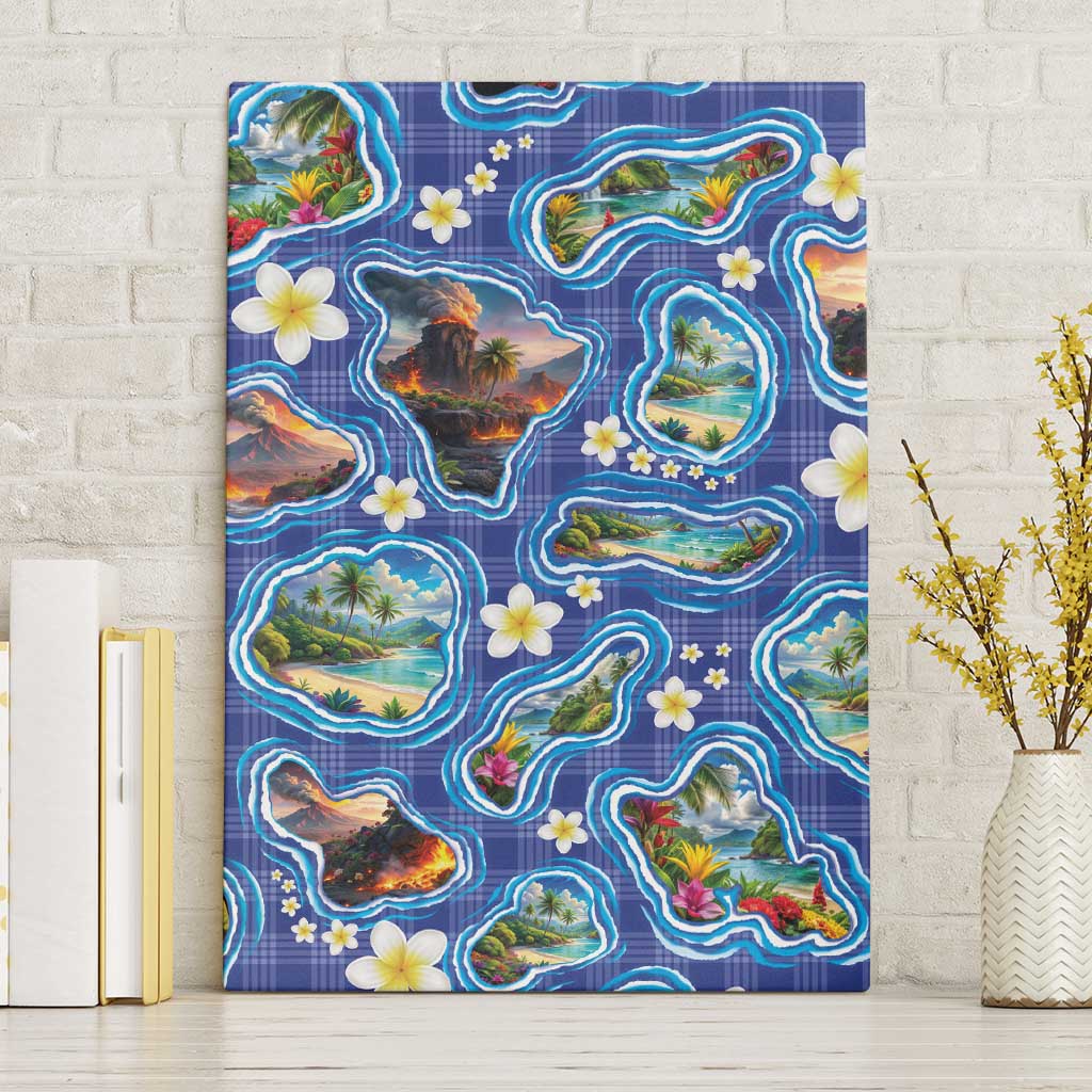 Hawaiian Island Shapes-Iconic Landscape Canvas Wall Art with Plumeria and Palaka Blue Color