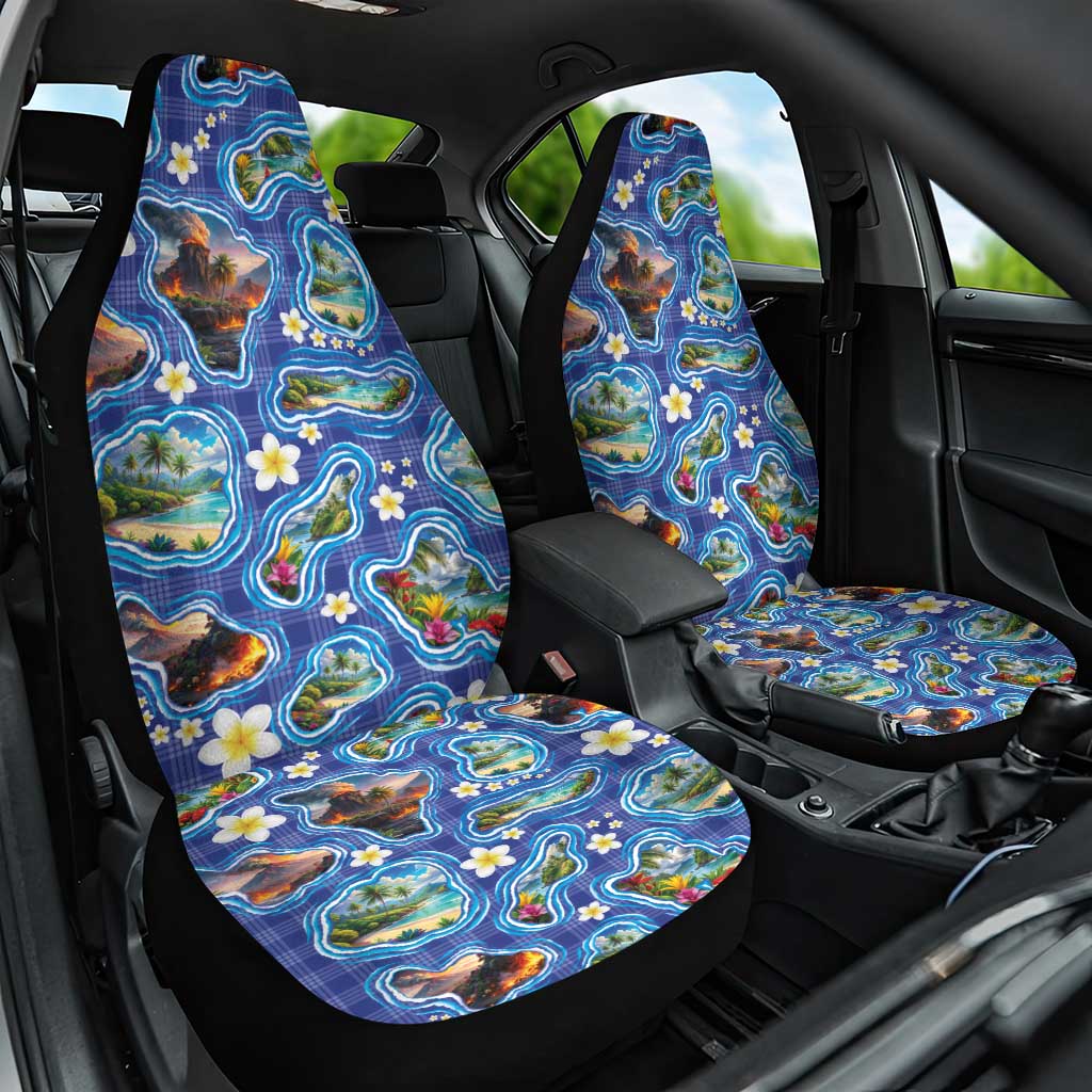 Hawaiian Island Shapes-Iconic Landscape Car Seat Cover with Plumeria and Palaka Blue Color