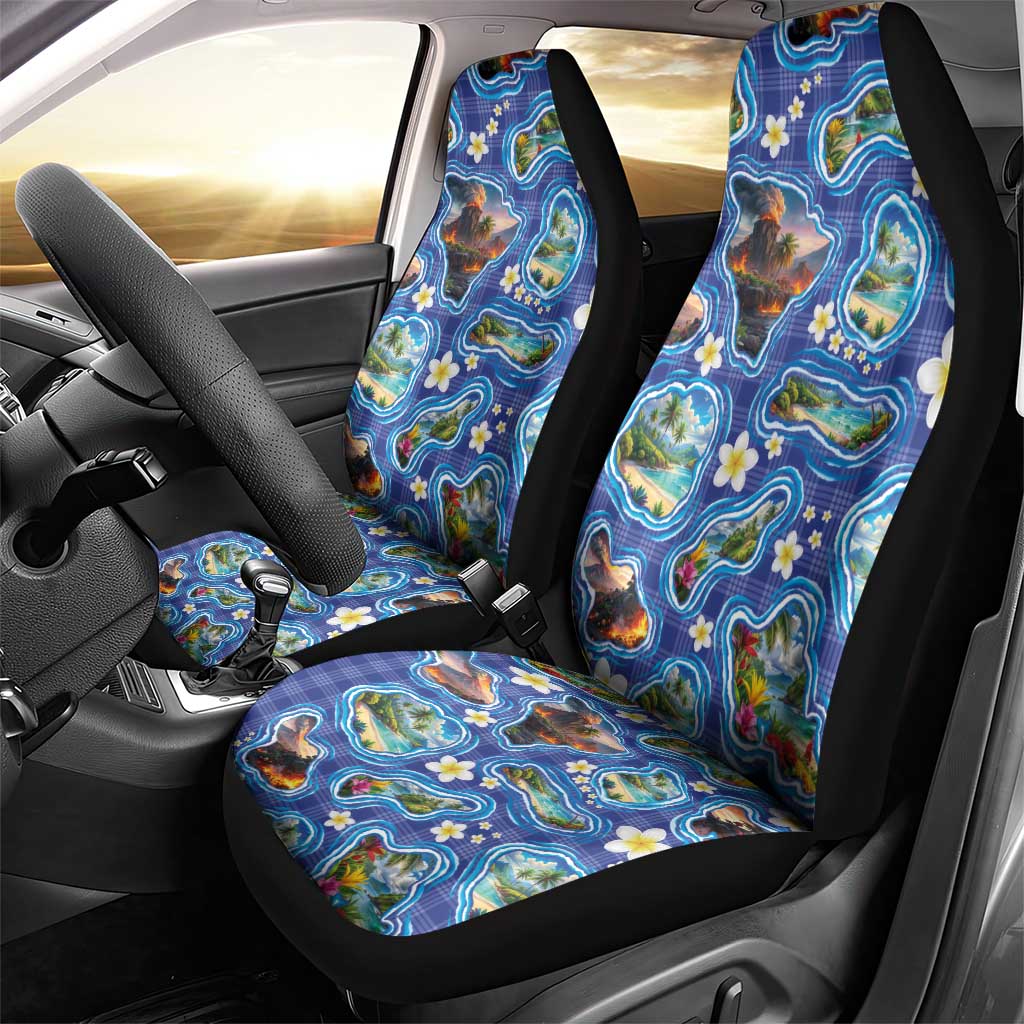 Hawaiian Island Shapes-Iconic Landscape Car Seat Cover with Plumeria and Palaka Blue Color