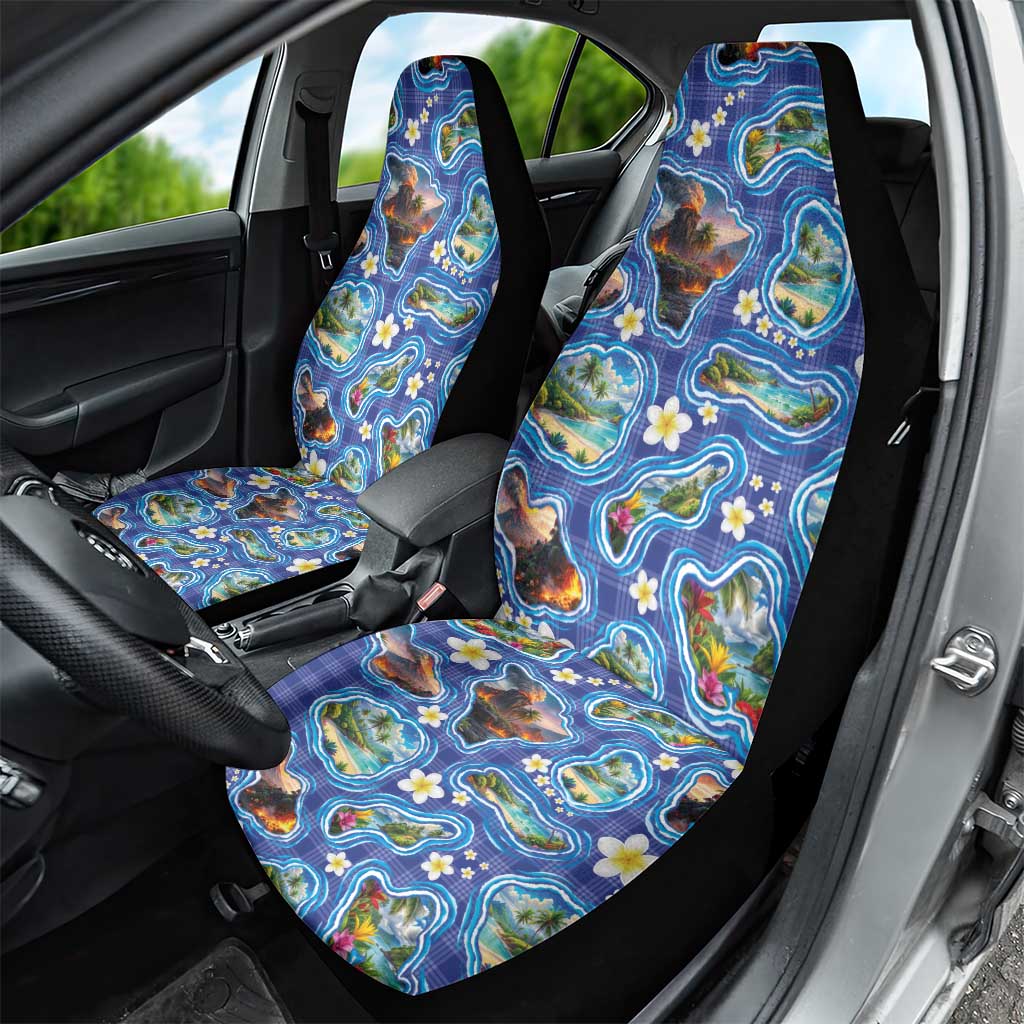 Hawaiian Island Shapes-Iconic Landscape Car Seat Cover with Plumeria and Palaka Blue Color