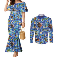 Hawaiian Island Shapes-Iconic Landscape Couples Matching Mermaid Dress and Long Sleeve Button Shirt with Plumeria and Palaka Blue Color LT03 Blue - Polynesian Pride
