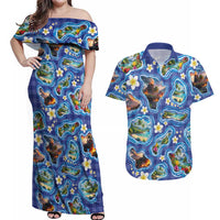 Hawaiian Island Shapes-Iconic Landscape Couples Matching Off Shoulder Maxi Dress and Hawaiian Shirt with Plumeria and Palaka Blue Color LT03 Blue - Polynesian Pride