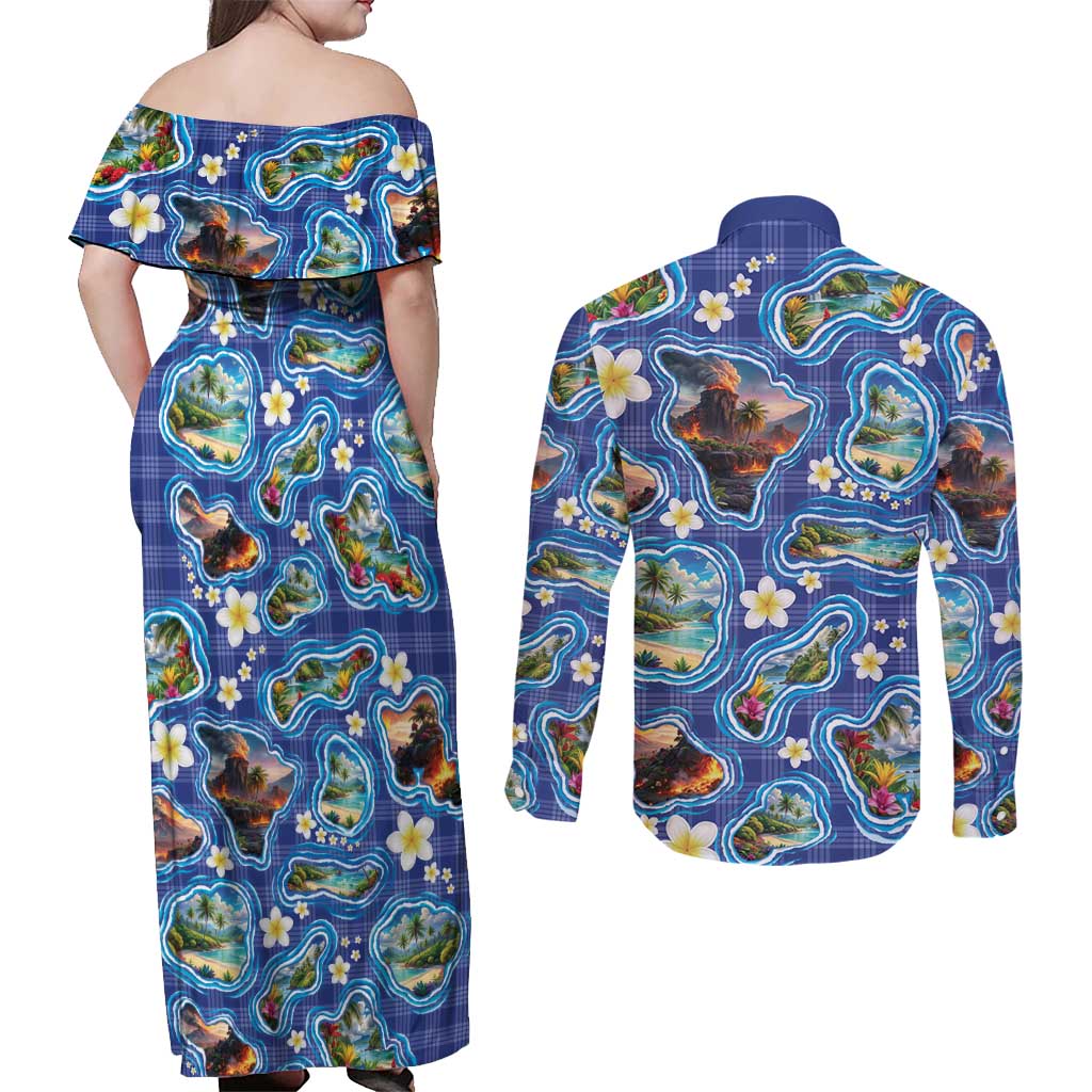 Hawaiian Island Shapes-Iconic Landscape Couples Matching Off Shoulder Maxi Dress and Long Sleeve Button Shirt with Plumeria and Palaka Blue Color LT03 - Polynesian Pride