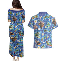 Hawaiian Island Shapes-Iconic Landscape Couples Matching Puletasi and Hawaiian Shirt with Plumeria and Palaka Blue Color LT03 - Polynesian Pride