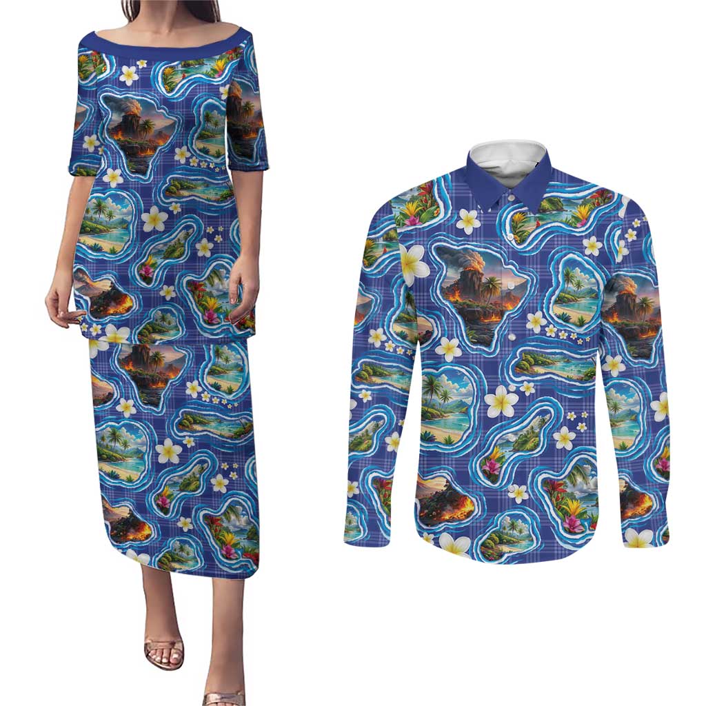 Hawaiian Island Shapes-Iconic Landscape Couples Matching Puletasi and Long Sleeve Button Shirt with Plumeria and Palaka Blue Color LT03 Blue - Polynesian Pride