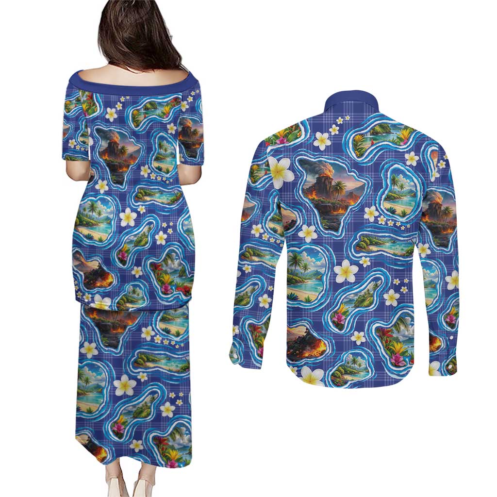Hawaiian Island Shapes-Iconic Landscape Couples Matching Puletasi and Long Sleeve Button Shirt with Plumeria and Palaka Blue Color LT03 - Polynesian Pride