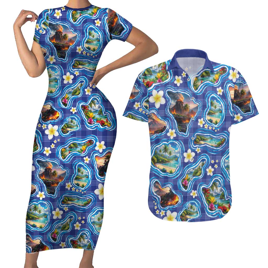 Hawaiian Island Shapes-Iconic Landscape Couples Matching Short Sleeve Bodycon Dress and Hawaiian Shirt with Plumeria and Palaka Blue Color LT03 Blue - Polynesian Pride