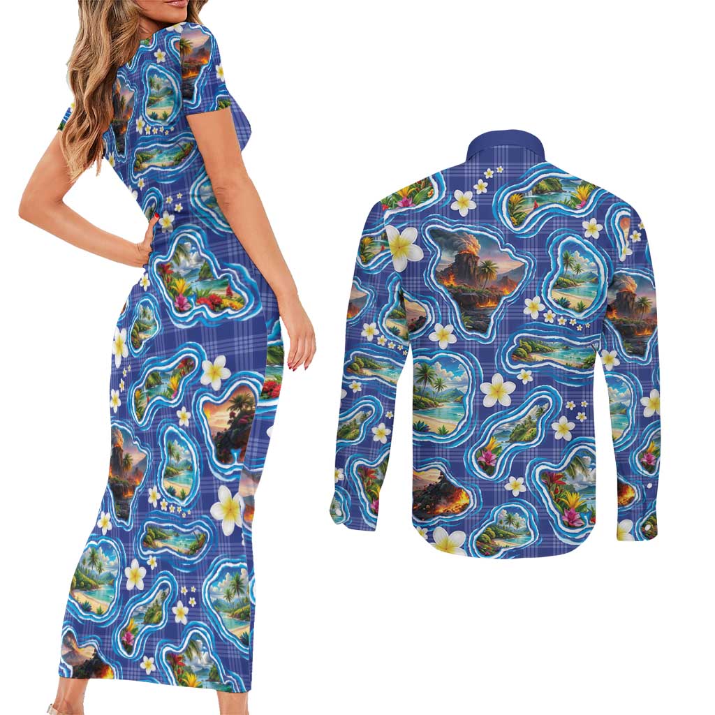 Hawaiian Island Shapes-Iconic Landscape Couples Matching Short Sleeve Bodycon Dress and Long Sleeve Button Shirt with Plumeria and Palaka Blue Color LT03 - Polynesian Pride