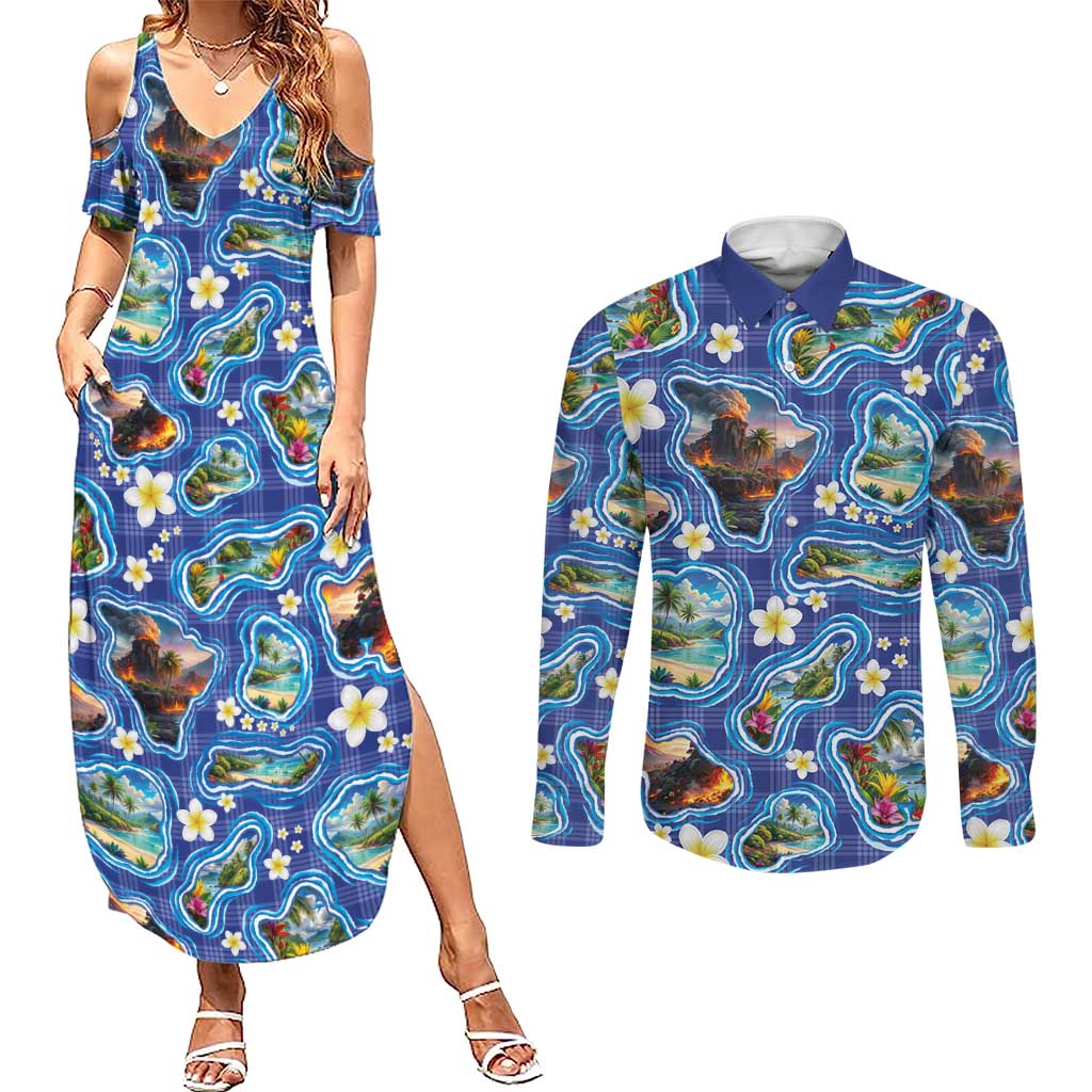 Hawaiian Island Shapes-Iconic Landscape Couples Matching Summer Maxi Dress and Long Sleeve Button Shirt with Plumeria and Palaka Blue Color LT03 Blue - Polynesian Pride
