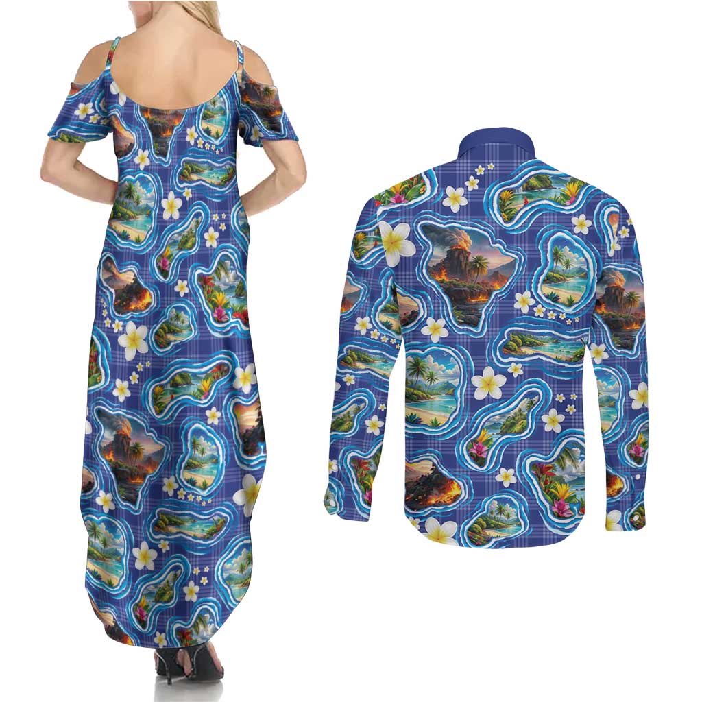 Hawaiian Island Shapes-Iconic Landscape Couples Matching Summer Maxi Dress and Long Sleeve Button Shirt with Plumeria and Palaka Blue Color LT03 - Polynesian Pride