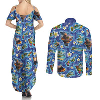 Hawaiian Island Shapes-Iconic Landscape Couples Matching Summer Maxi Dress and Long Sleeve Button Shirt with Plumeria and Palaka Blue Color LT03 - Polynesian Pride