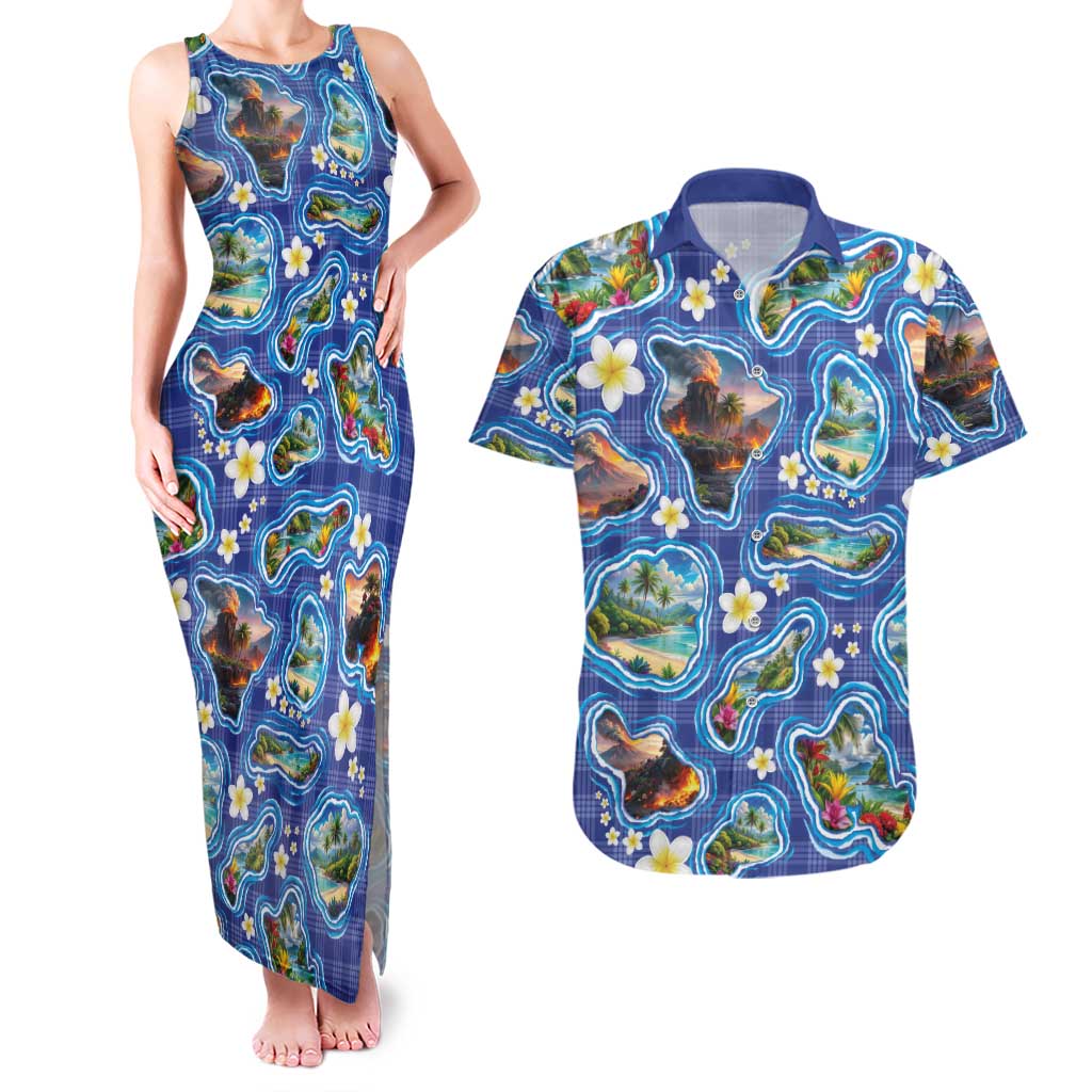 Hawaiian Island Shapes-Iconic Landscape Couples Matching Tank Maxi Dress and Hawaiian Shirt with Plumeria and Palaka Blue Color LT03 Blue - Polynesian Pride