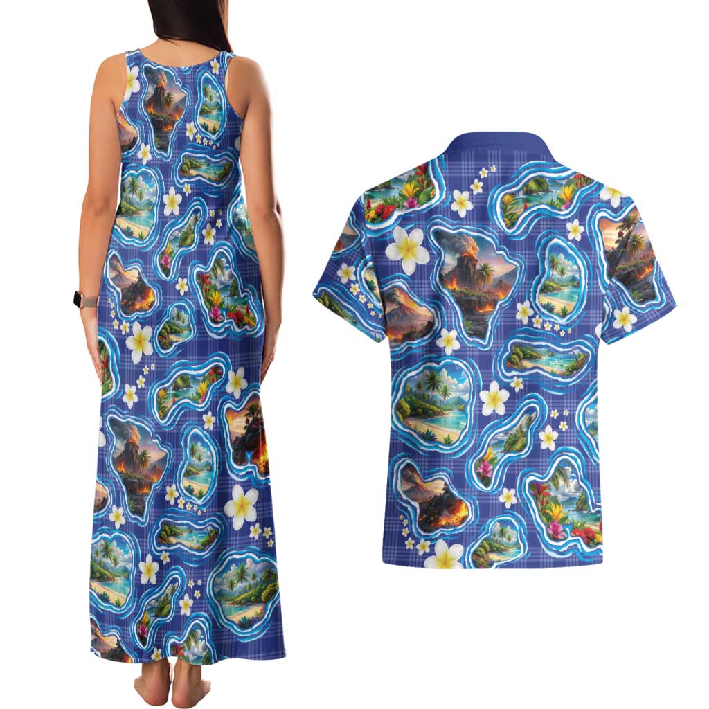 Hawaiian Island Shapes-Iconic Landscape Couples Matching Tank Maxi Dress and Hawaiian Shirt with Plumeria and Palaka Blue Color LT03 - Polynesian Pride