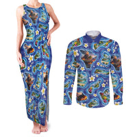 Hawaiian Island Shapes-Iconic Landscape Couples Matching Tank Maxi Dress and Long Sleeve Button Shirt with Plumeria and Palaka Blue Color LT03 Blue - Polynesian Pride