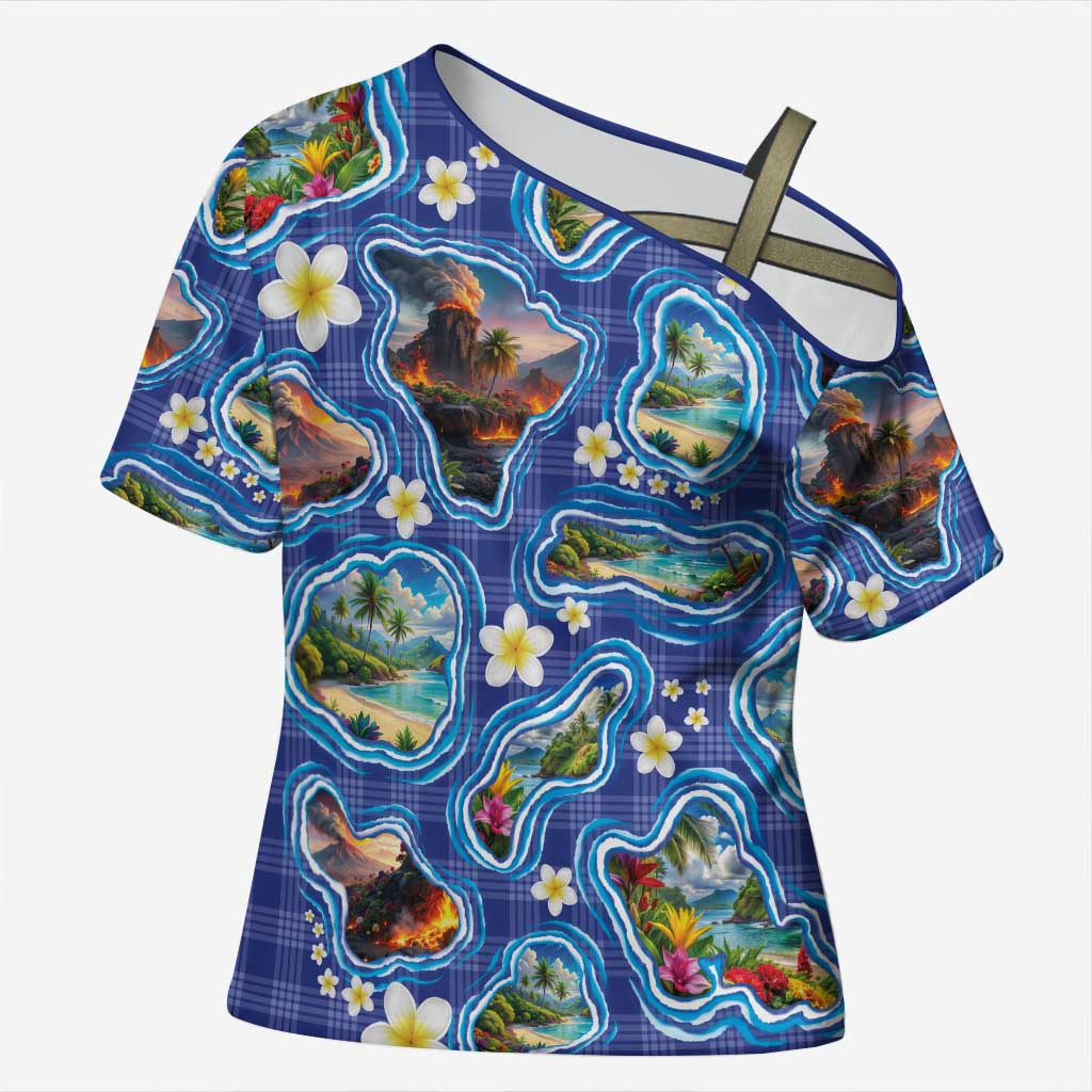 Hawaiian Island Shapes-Iconic Landscape Cross Shoulder Shirt with Plumeria and Palaka Blue Color