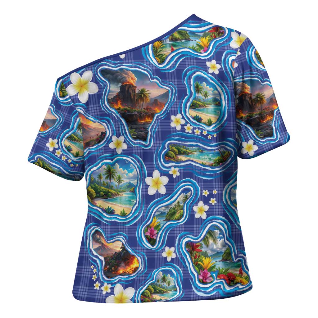 Hawaiian Island Shapes-Iconic Landscape Cross Shoulder Shirt with Plumeria and Palaka Blue Color