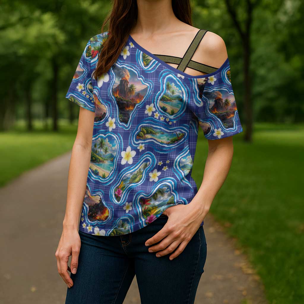 Hawaiian Island Shapes-Iconic Landscape Cross Shoulder Shirt with Plumeria and Palaka Blue Color