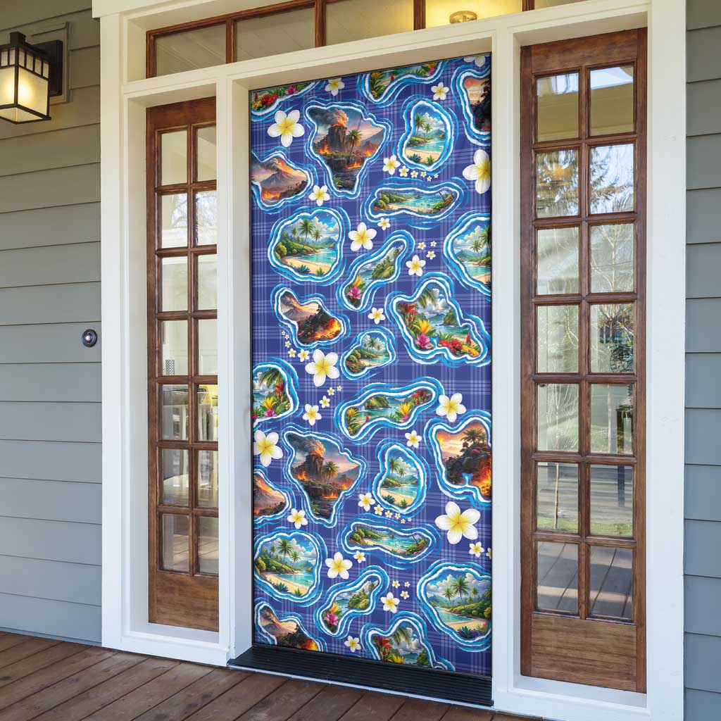 Hawaiian Island Shapes-Iconic Landscape Door Cover with Plumeria and Palaka Blue Color