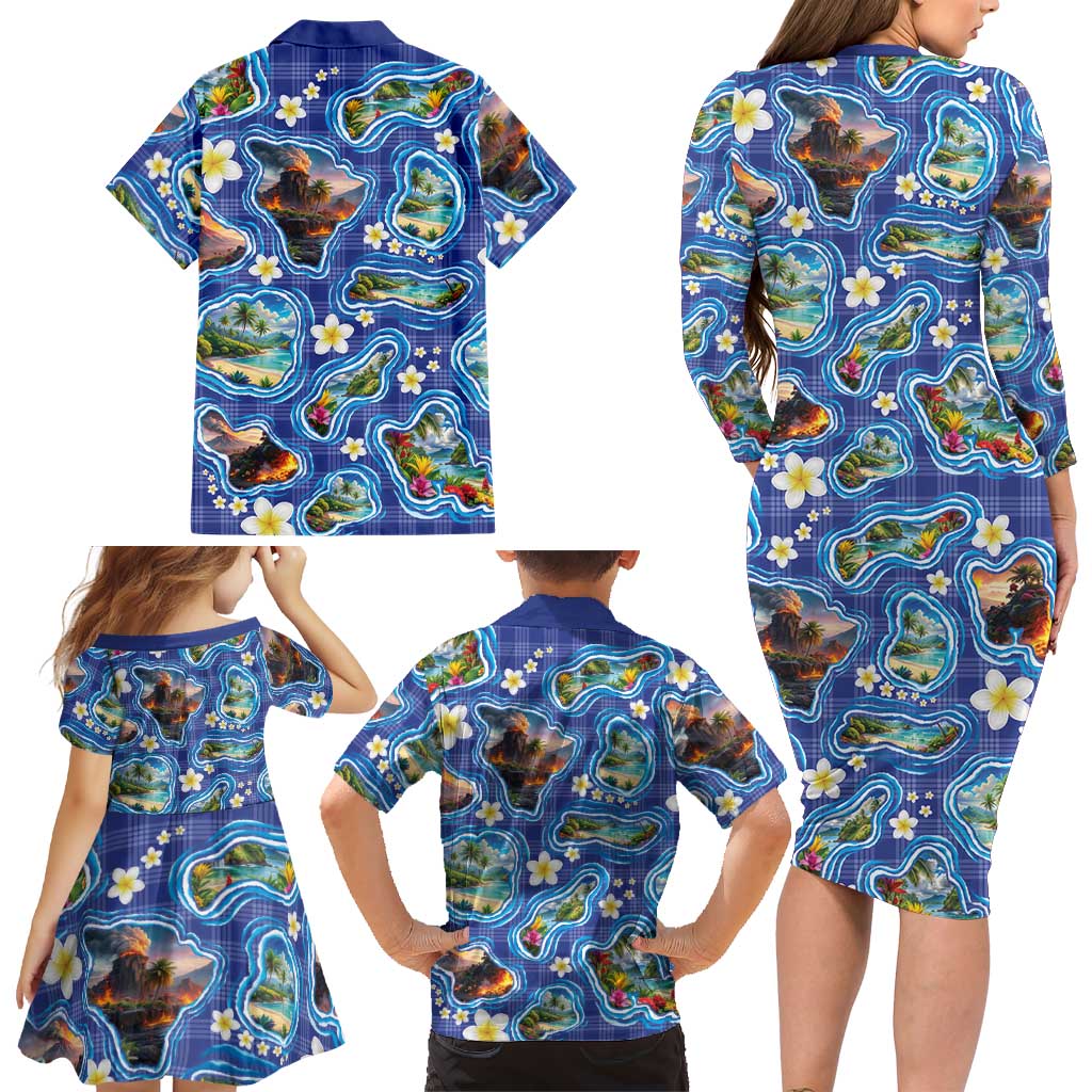 Hawaiian Island Shapes-Iconic Landscape Family Matching Long Sleeve Bodycon Dress and Hawaiian Shirt with Plumeria and Palaka Blue Color LT03 - Polynesian Pride