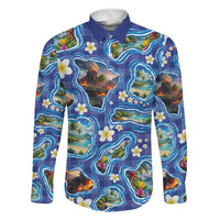 Hawaiian Island Shapes-Iconic Landscape Family Matching Long Sleeve Bodycon Dress and Hawaiian Shirt with Plumeria and Palaka Blue Color LT03 Dad's Shirt - Long Sleeve Blue - Polynesian Pride