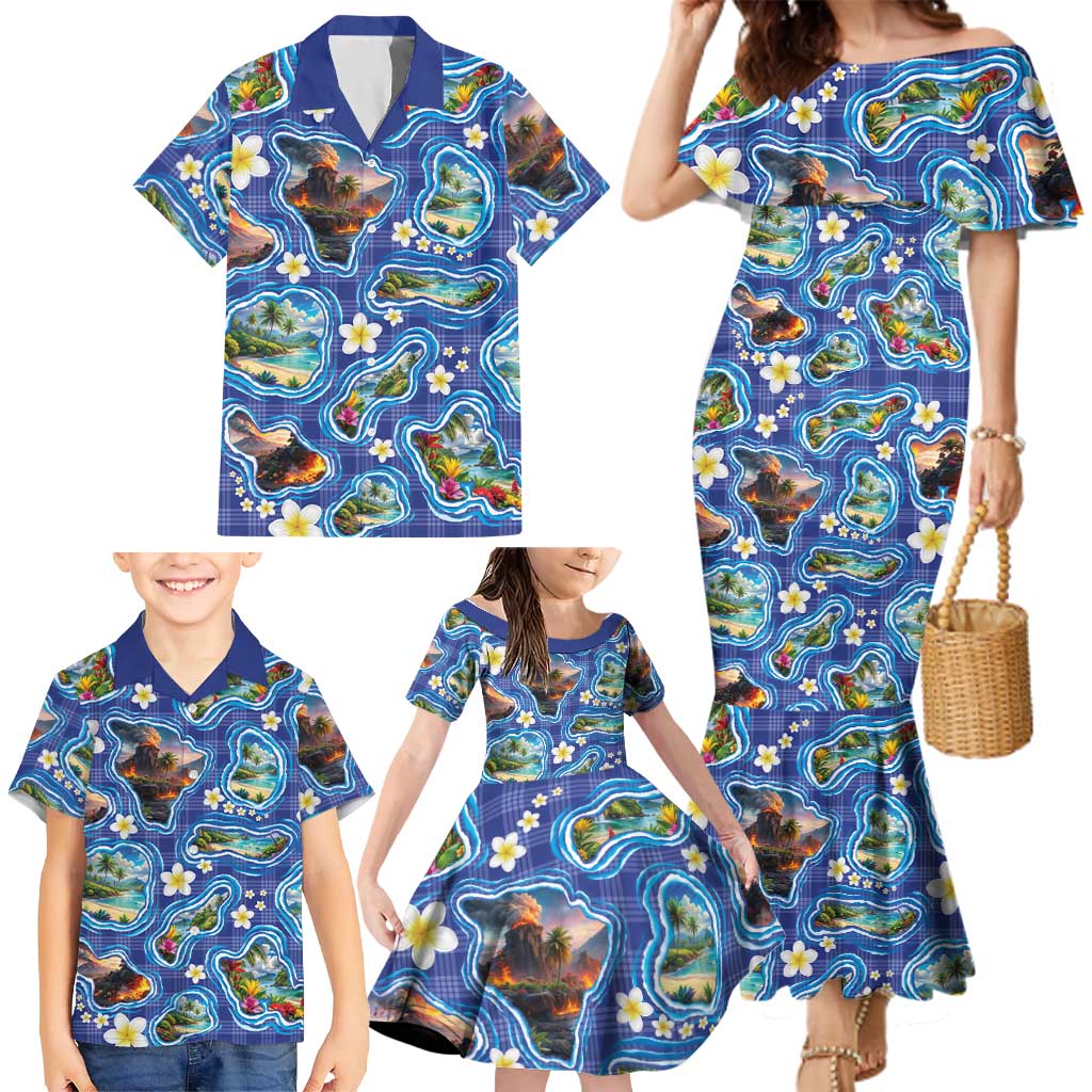 Hawaiian Island Shapes-Iconic Landscape Family Matching Mermaid Dress and Hawaiian Shirt with Plumeria and Palaka Blue Color LT03 - Polynesian Pride