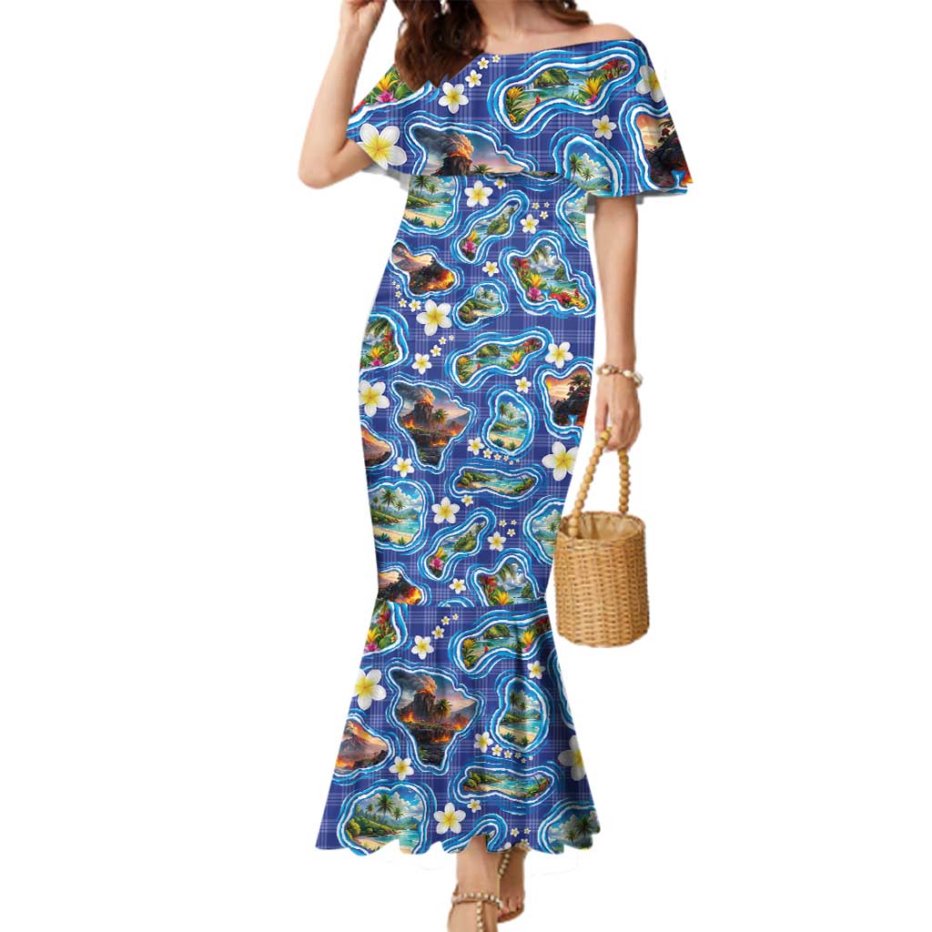 Hawaiian Island Shapes-Iconic Landscape Family Matching Mermaid Dress and Hawaiian Shirt with Plumeria and Palaka Blue Color LT03 Mom's Dress Blue - Polynesian Pride