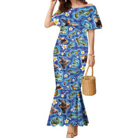 Hawaiian Island Shapes-Iconic Landscape Family Matching Mermaid Dress and Hawaiian Shirt with Plumeria and Palaka Blue Color LT03 Mom's Dress Blue - Polynesian Pride