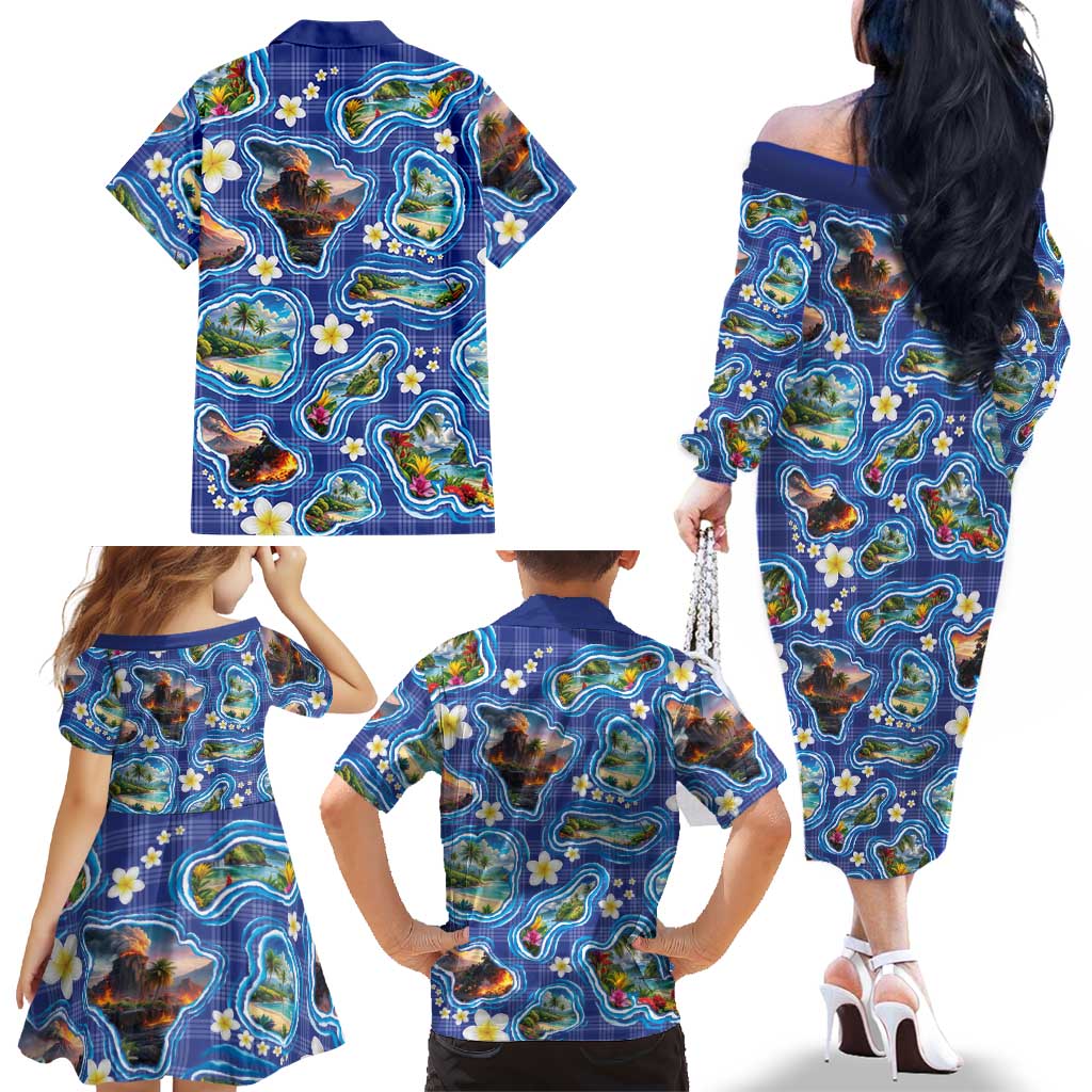 Hawaiian Island Shapes-Iconic Landscape Family Matching Off The Shoulder Long Sleeve Dress and Hawaiian Shirt with Plumeria and Palaka Blue Color LT03 - Polynesian Pride