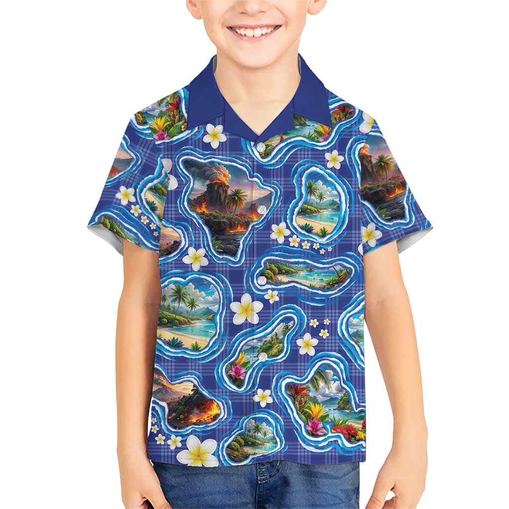 Hawaiian Island Shapes-Iconic Landscape Family Matching Off Shoulder Maxi Dress and Hawaiian Shirt with Plumeria and Palaka Blue Color LT03 Son's Shirt Blue - Polynesian Pride