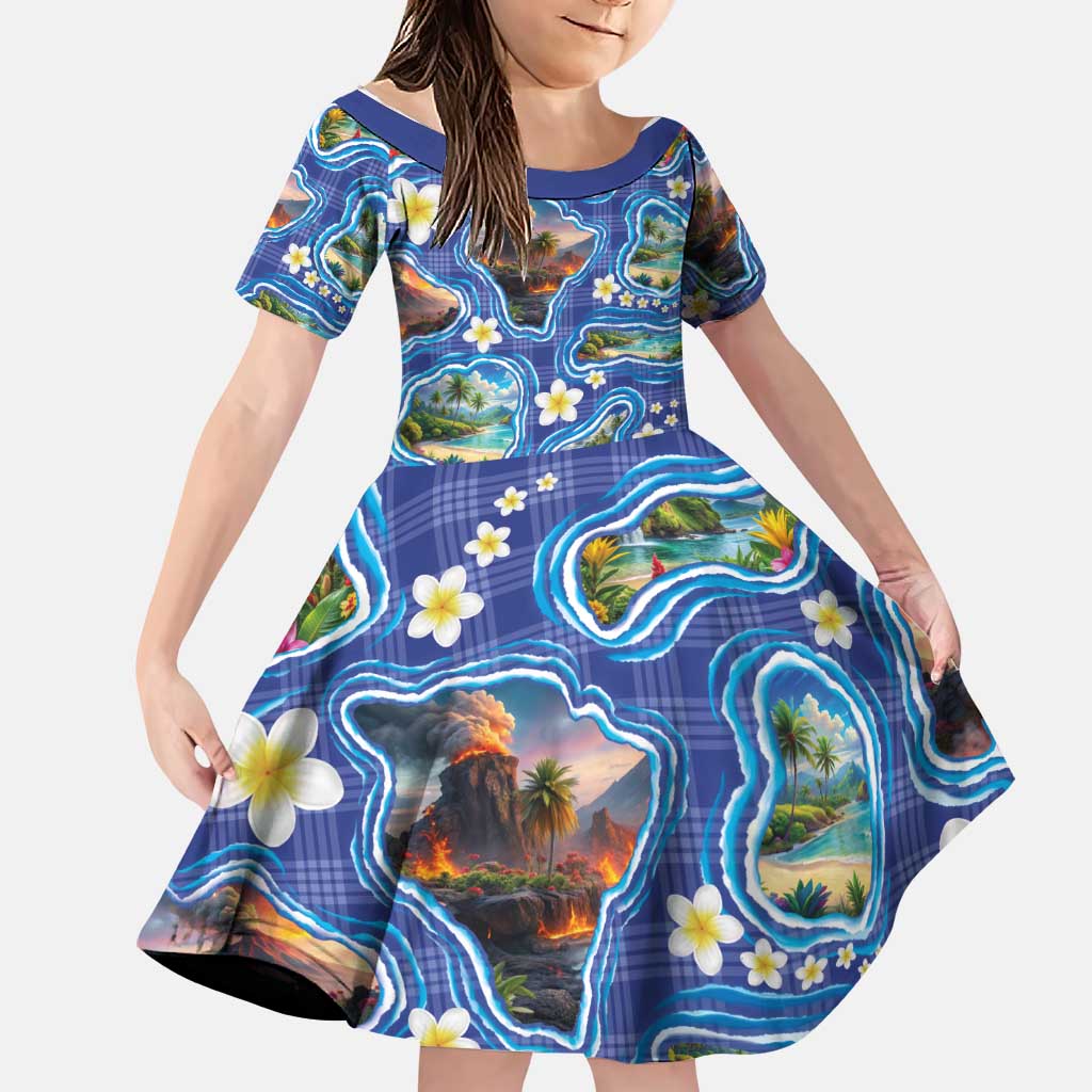 Hawaiian Island Shapes-Iconic Landscape Family Matching Off Shoulder Short Dress and Hawaiian Shirt with Plumeria and Palaka Blue Color LT03 Daughter's Dress Blue - Polynesian Pride