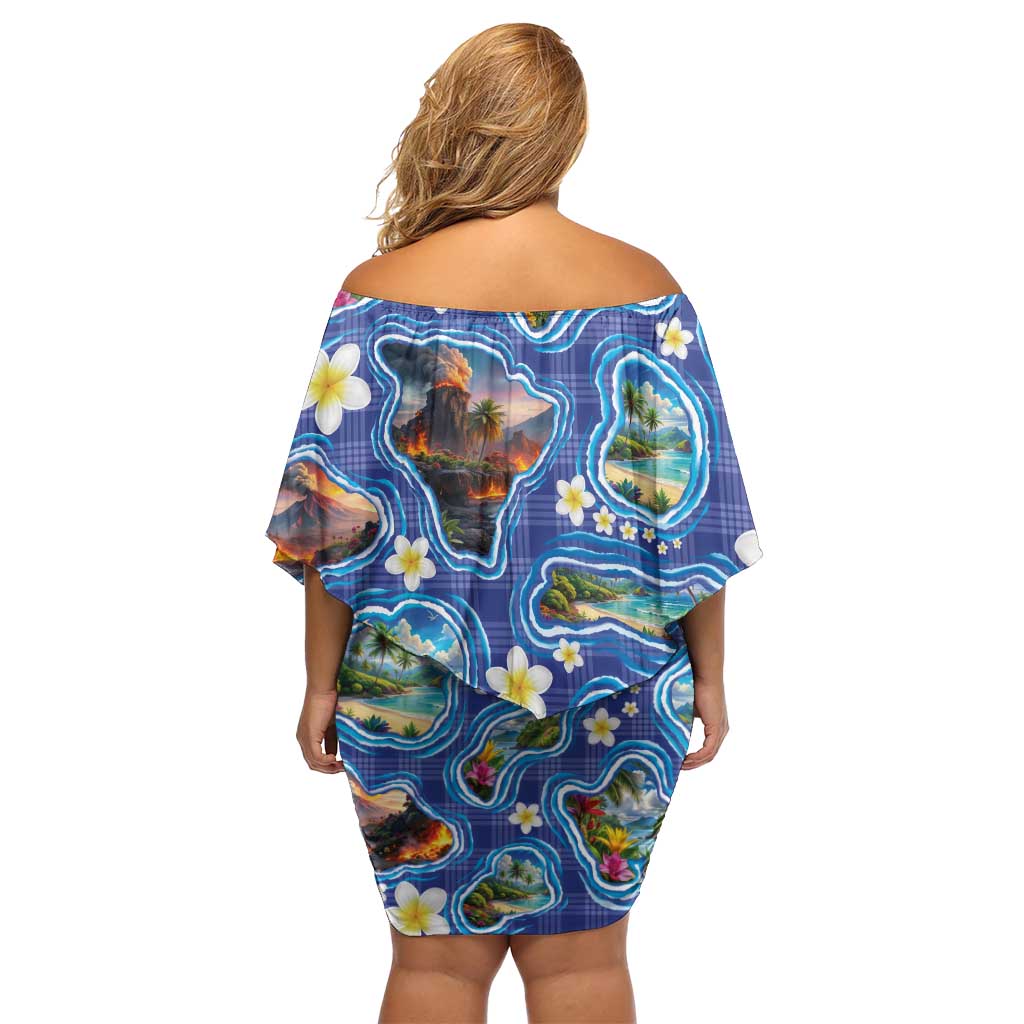 Hawaiian Island Shapes-Iconic Landscape Family Matching Off Shoulder Short Dress and Hawaiian Shirt with Plumeria and Palaka Blue Color LT03 - Polynesian Pride