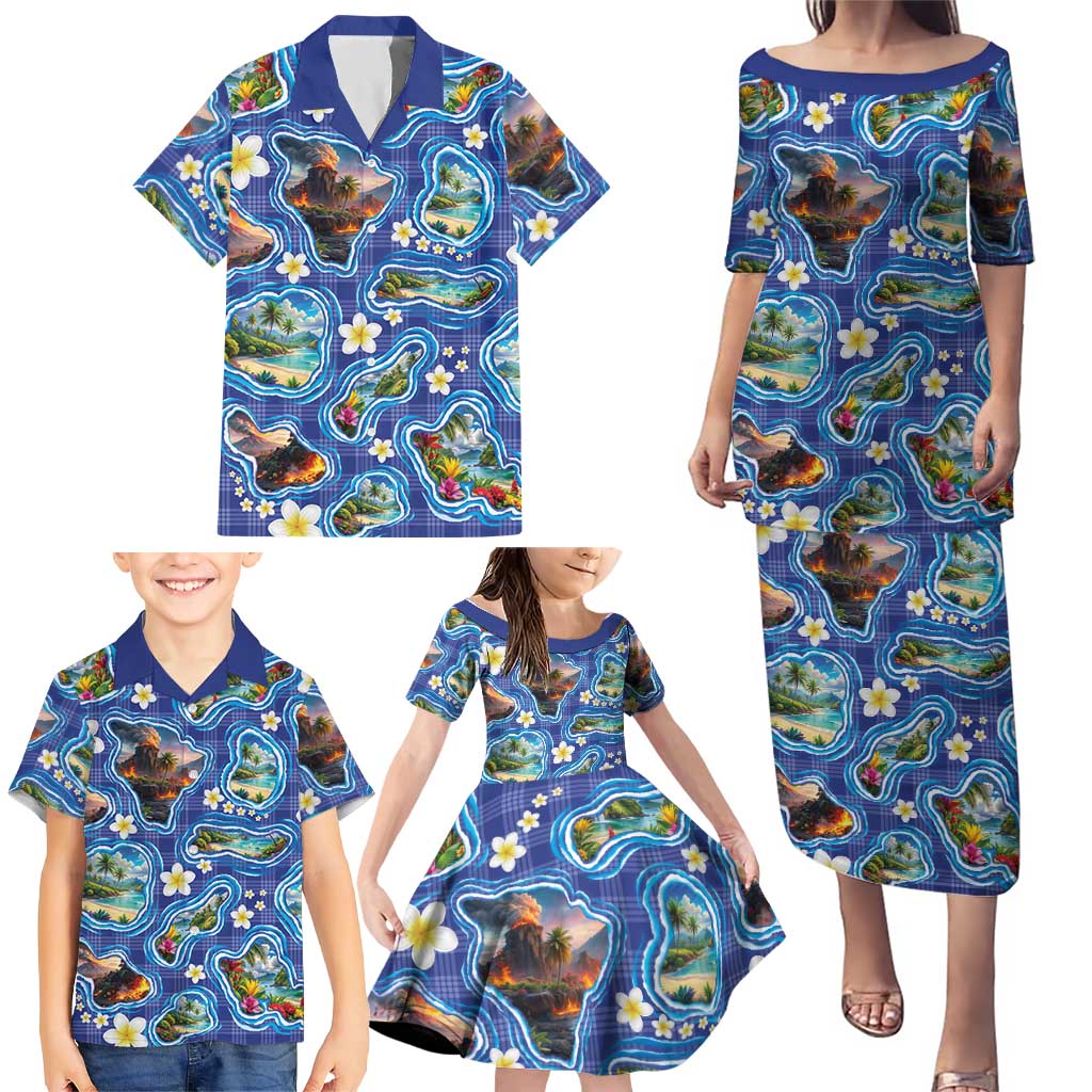 Hawaiian Island Shapes-Iconic Landscape Family Matching Puletasi and Hawaiian Shirt with Plumeria and Palaka Blue Color