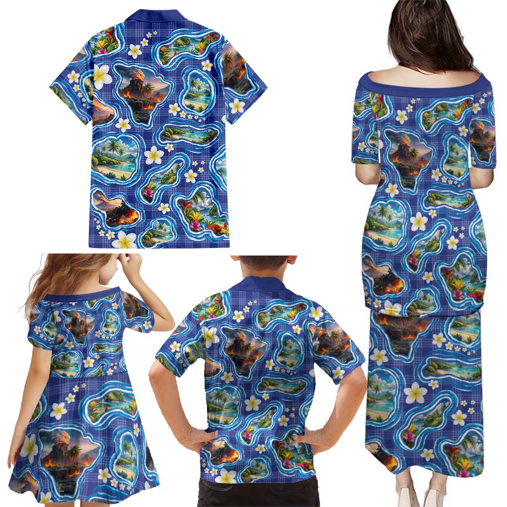 Hawaiian Island Shapes-Iconic Landscape Family Matching Puletasi and Hawaiian Shirt with Plumeria and Palaka Blue Color LT03 - Polynesian Pride