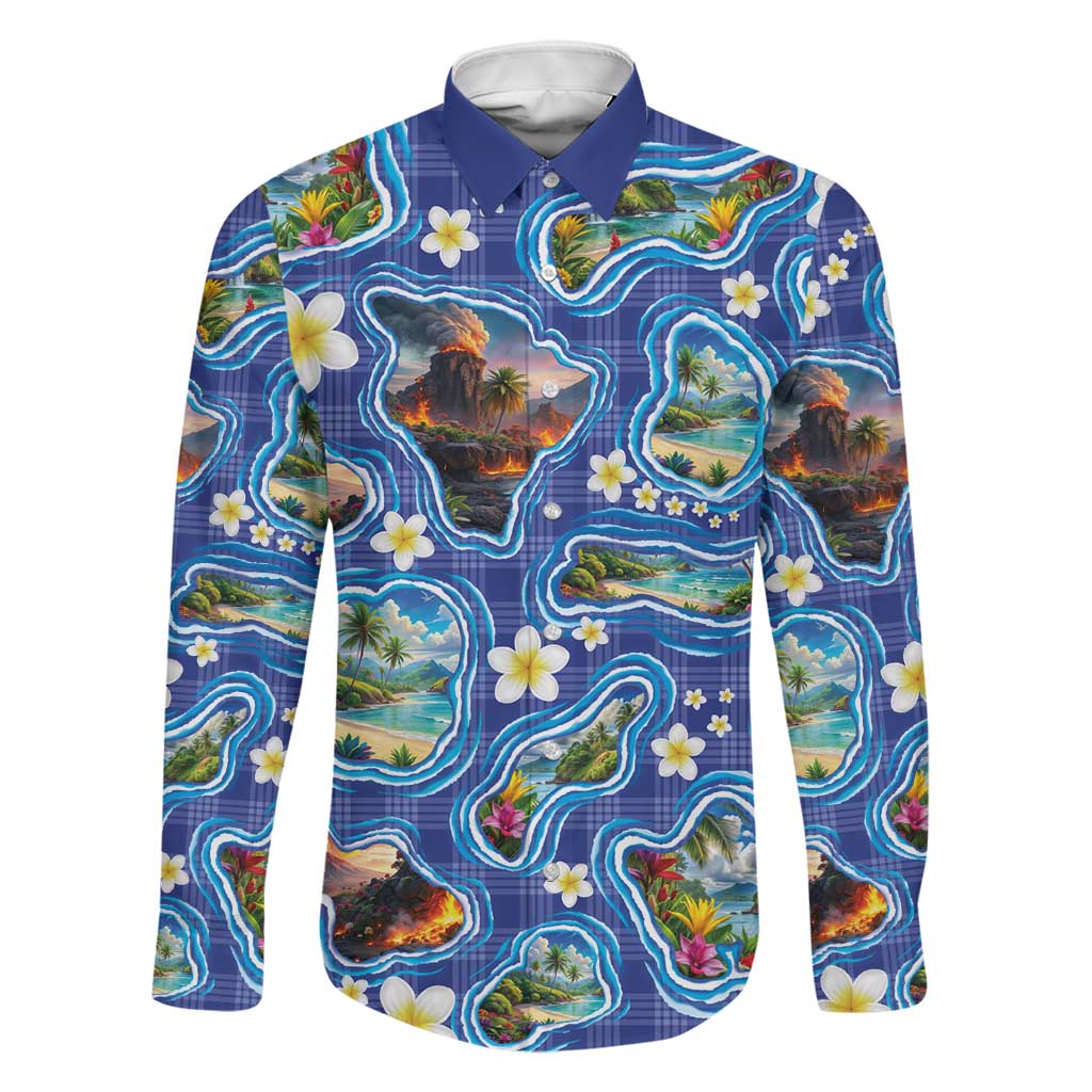 Hawaiian Island Shapes-Iconic Landscape Family Matching Puletasi and Hawaiian Shirt with Plumeria and Palaka Blue Color LT03 Dad's Shirt - Long Sleeve Blue - Polynesian Pride