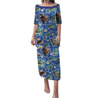 Hawaiian Island Shapes-Iconic Landscape Family Matching Puletasi and Hawaiian Shirt with Plumeria and Palaka Blue Color LT03 Mom's Dress Blue - Polynesian Pride