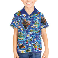 Hawaiian Island Shapes-Iconic Landscape Family Matching Puletasi and Hawaiian Shirt with Plumeria and Palaka Blue Color LT03 Son's Shirt Blue - Polynesian Pride