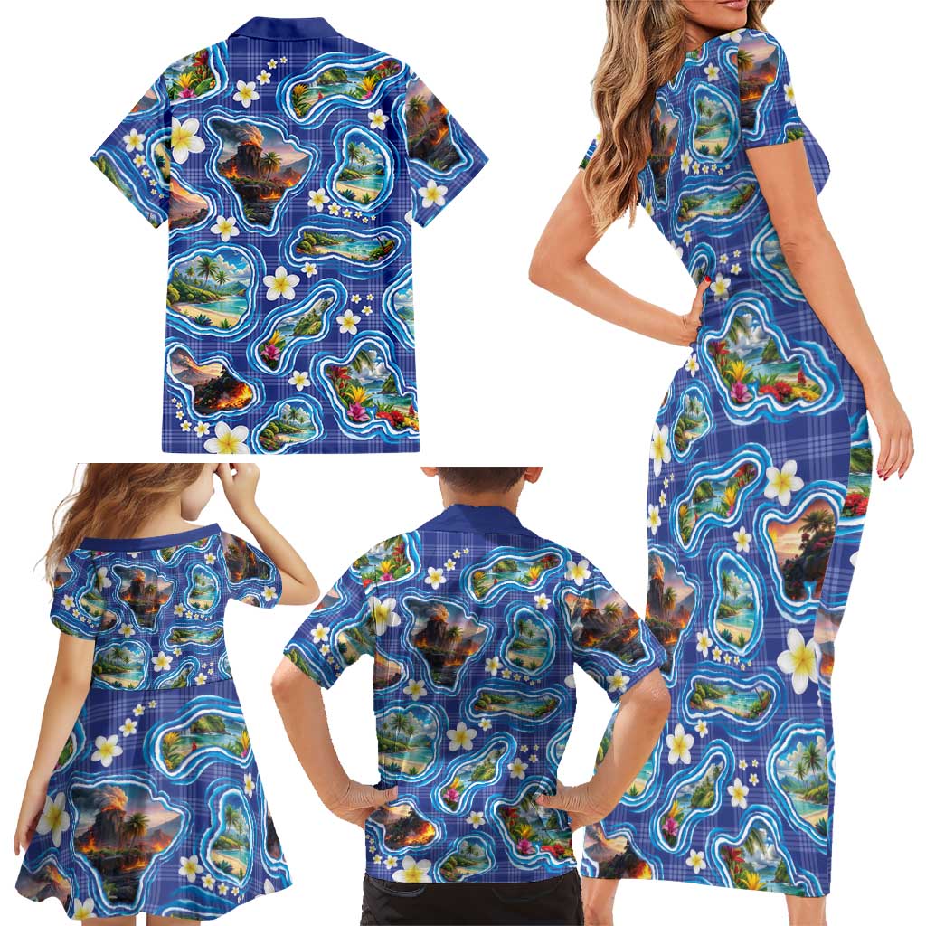 Hawaiian Island Shapes-Iconic Landscape Family Matching Short Sleeve Bodycon Dress and Hawaiian Shirt with Plumeria and Palaka Blue Color LT03 - Polynesian Pride