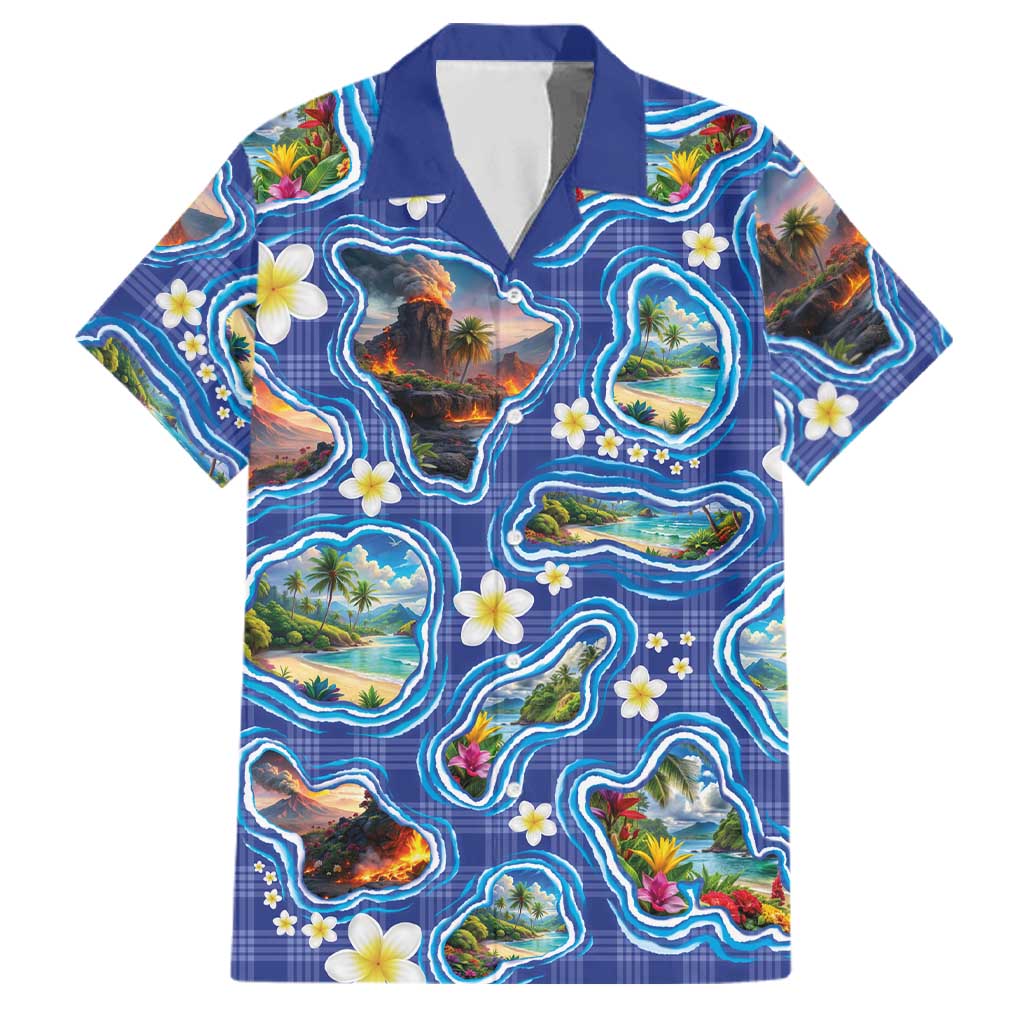 Hawaiian Island Shapes-Iconic Landscape Family Matching Summer Maxi Dress and Hawaiian Shirt with Plumeria and Palaka Blue Color LT03 Dad's Shirt - Short Sleeve Blue - Polynesian Pride