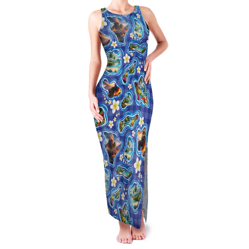 Hawaiian Island Shapes-Iconic Landscape Family Matching Tank Maxi Dress and Hawaiian Shirt with Plumeria and Palaka Blue Color LT03 Mom's Dress Blue - Polynesian Pride