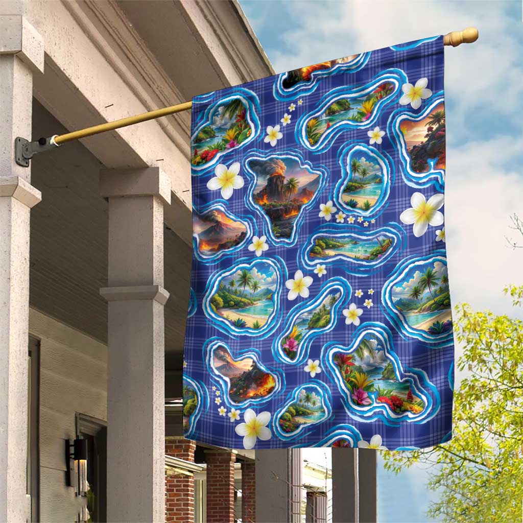 Hawaiian Island Shapes-Iconic Landscape Garden Flag with Plumeria and Palaka Blue Color